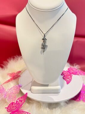 Sterling Silver Rose Pendant Necklace - Silver
